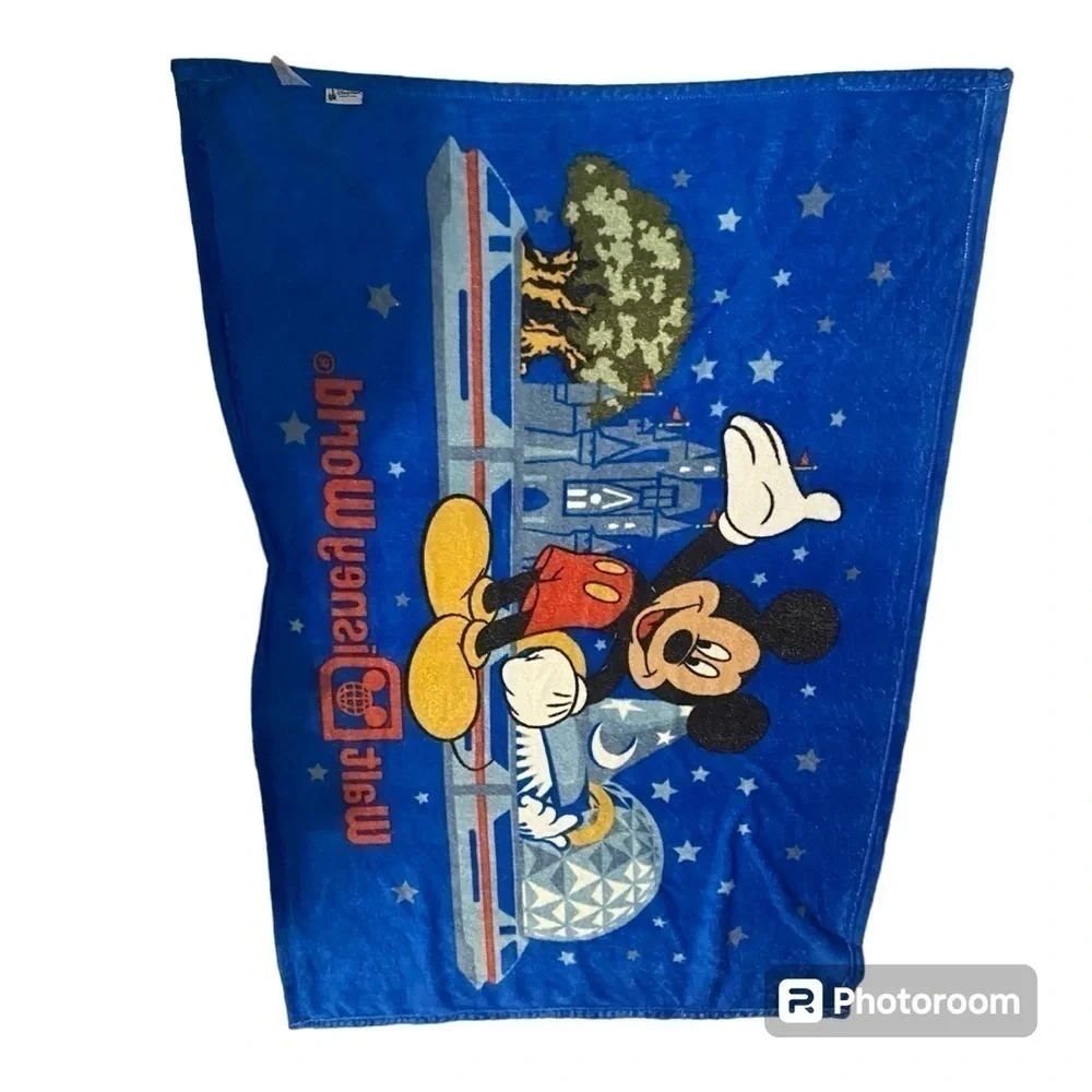 Vintage Walt Disney World Fleece Blanket Mickey Mouse Epcot Animal Kingdom Blue